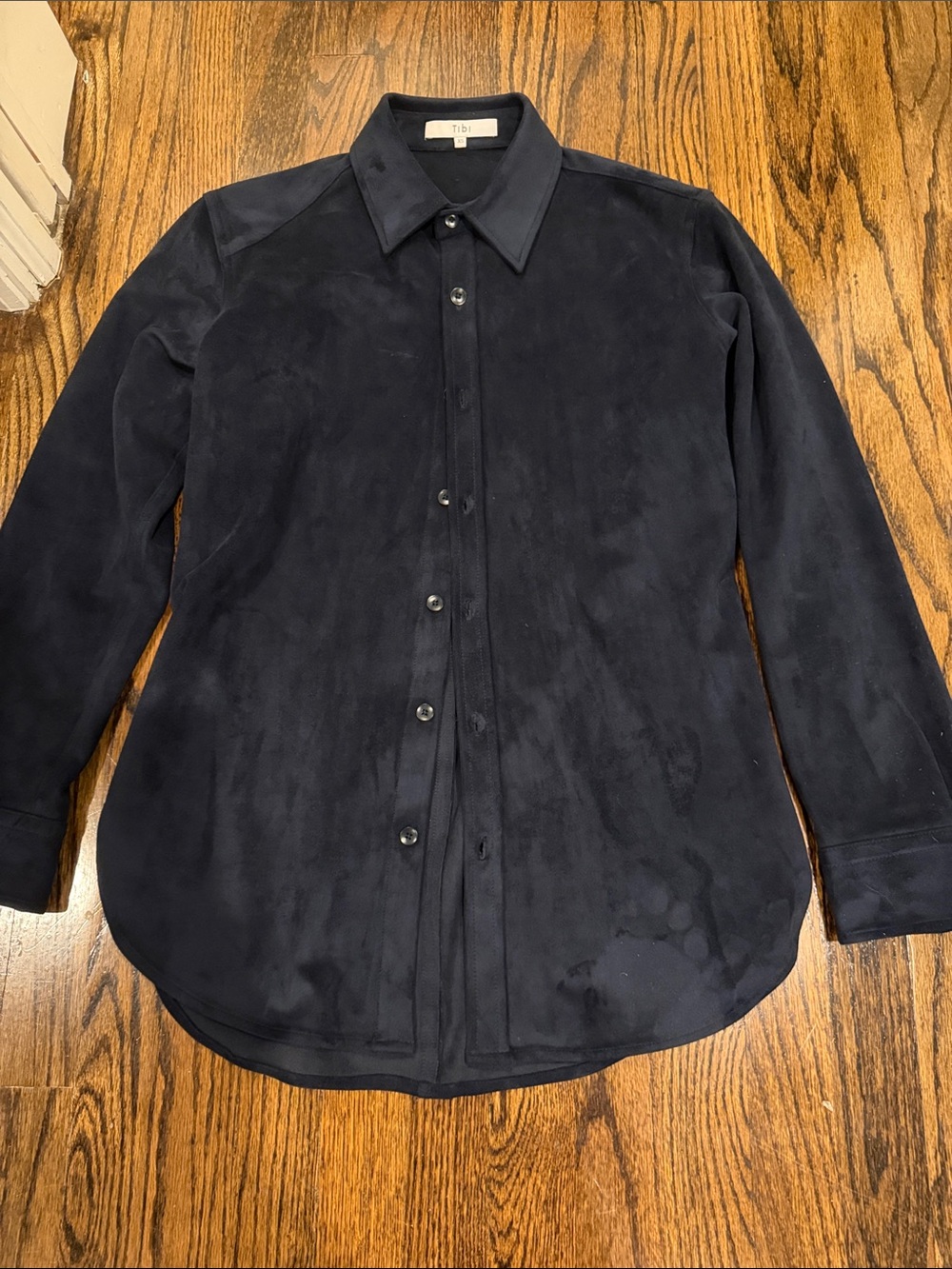 Tibi faux suede navy button front shirt